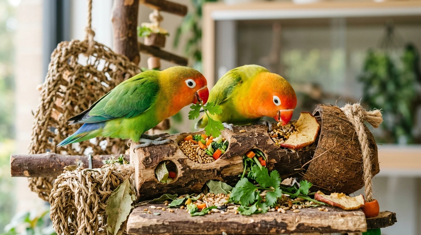 Agapornis explorando juguete de forrajeo con vegetales y semillas nobles en Salma & Connor