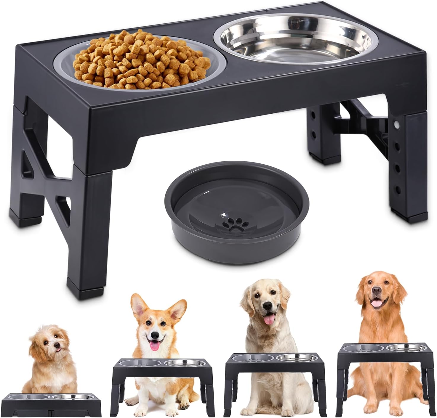 Comedero Perro Elevado, con 3 Cuencos, 4 Alturas Ajustable, Negro – Comedero