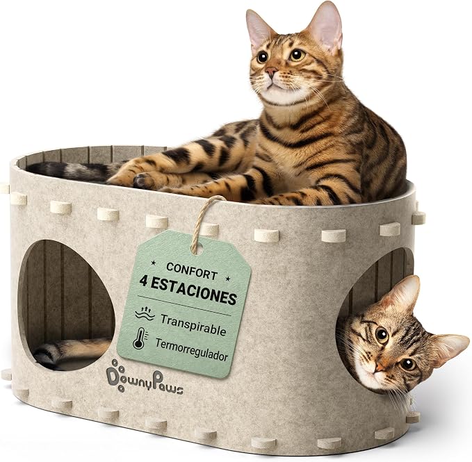 DownyPaws Cama Cueva de Fieltro para Gatos Interior, Resistente, Beige