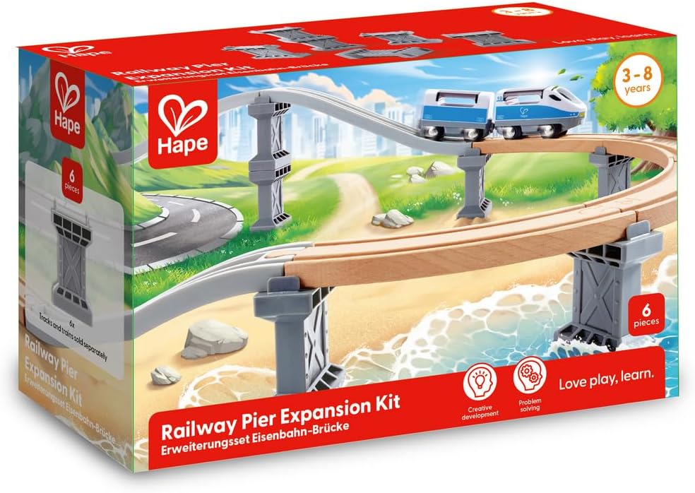 Hape Kit Expansión Vía Elevada, Accesorio Vía Tren Madera, 6 Pilares, Juego