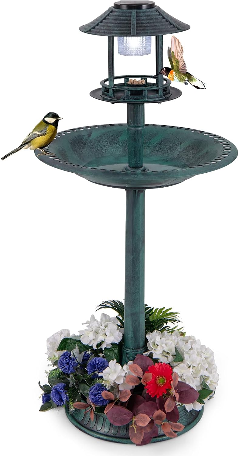 GOPLUS Bañera para Pájaros con Pedestal y Luz Solar, Bañera para Pájaros
