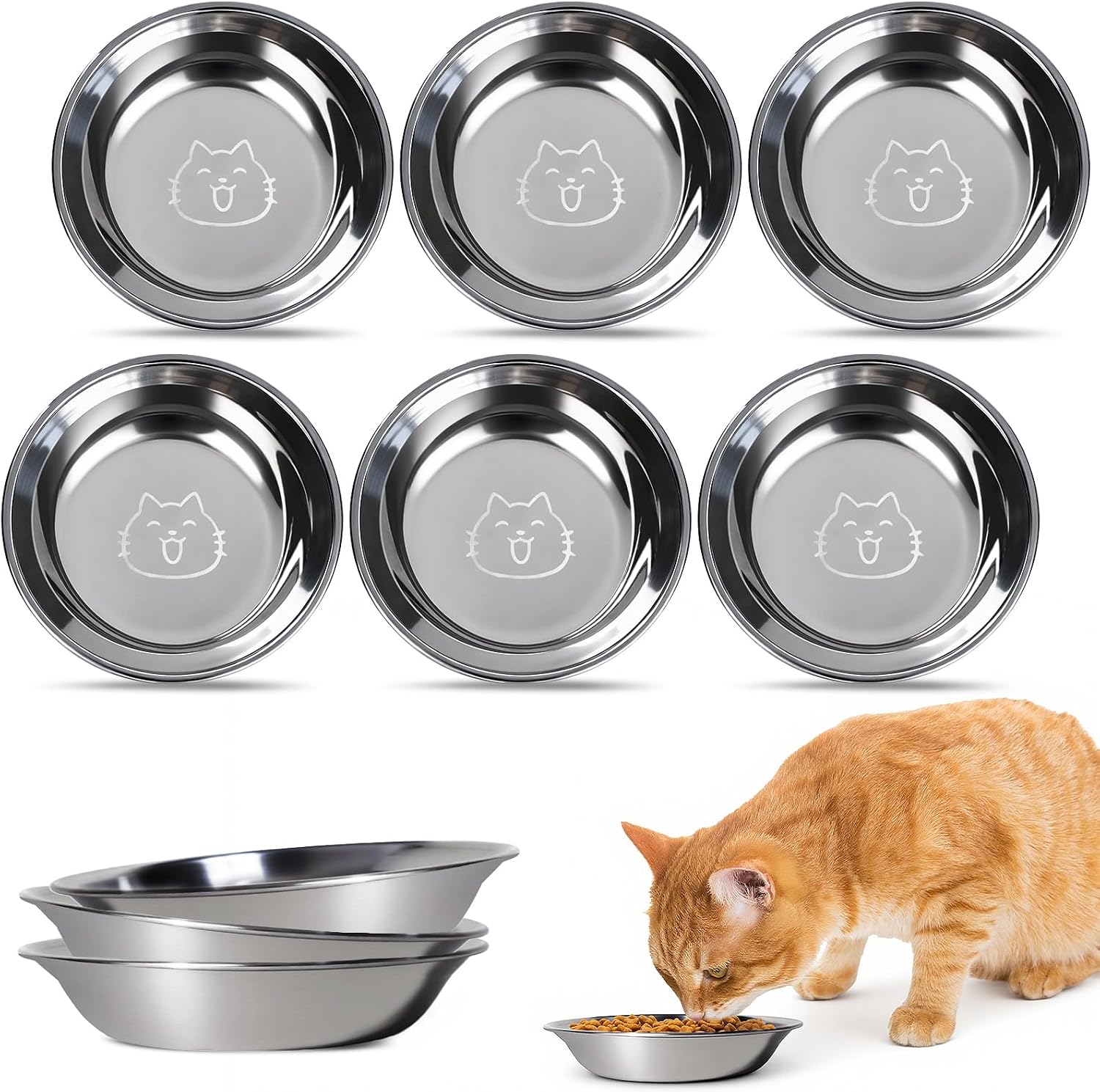 6 Piezas Cuenco para Gato Inoxidable 304, Cuenco Plano para Gatos Aliviar
