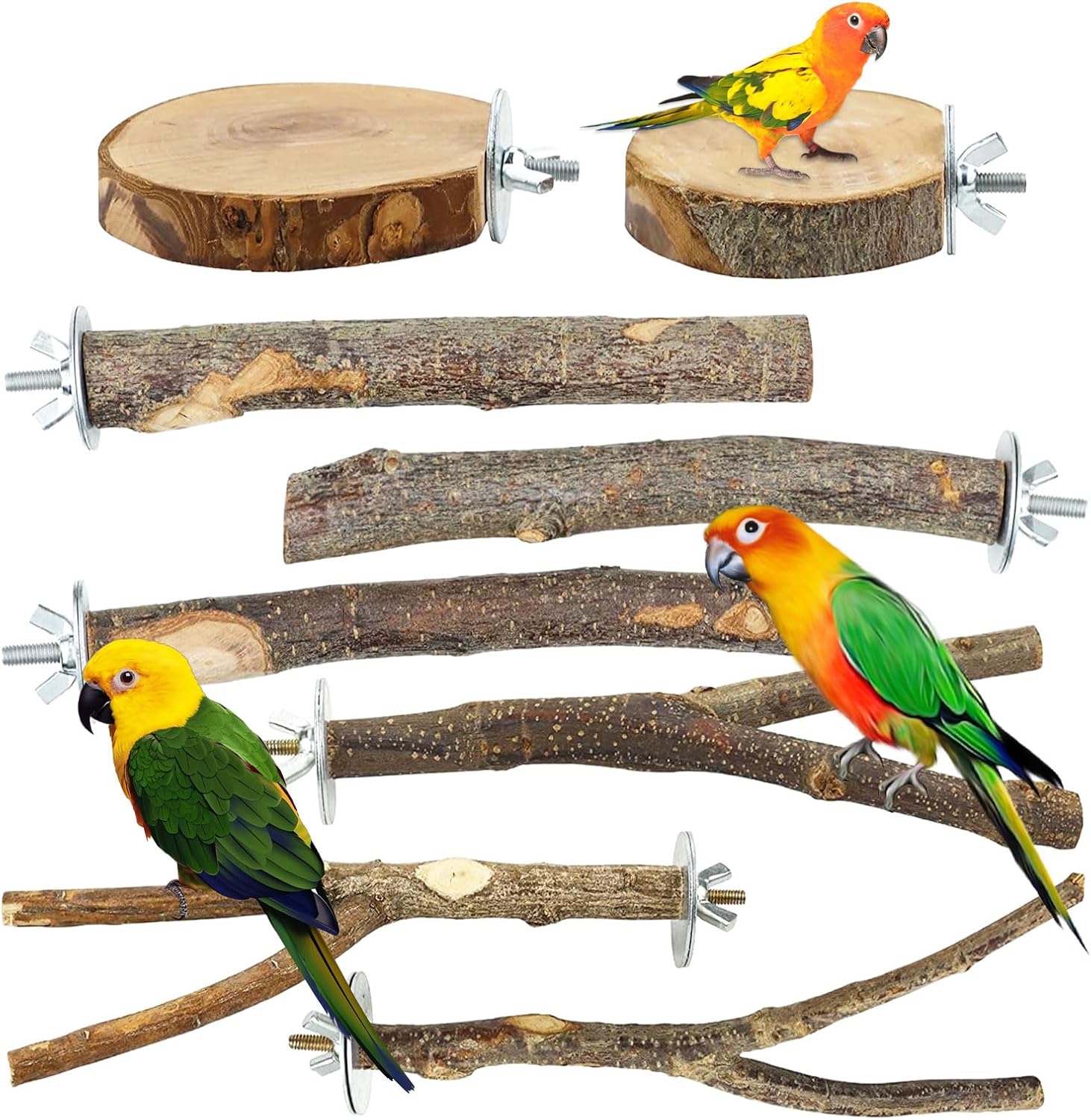 Juego de 8 perchas naturales para pájaros, barras de madera natural, soporte