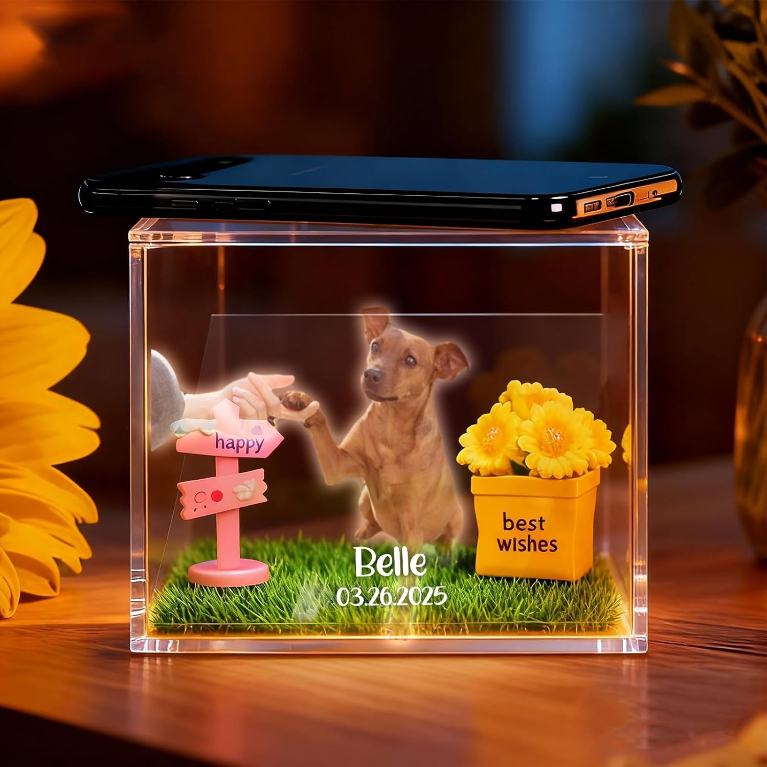 Caja Conmemorativa Holográfica Personalizada para Mascotas – Marco de Resina