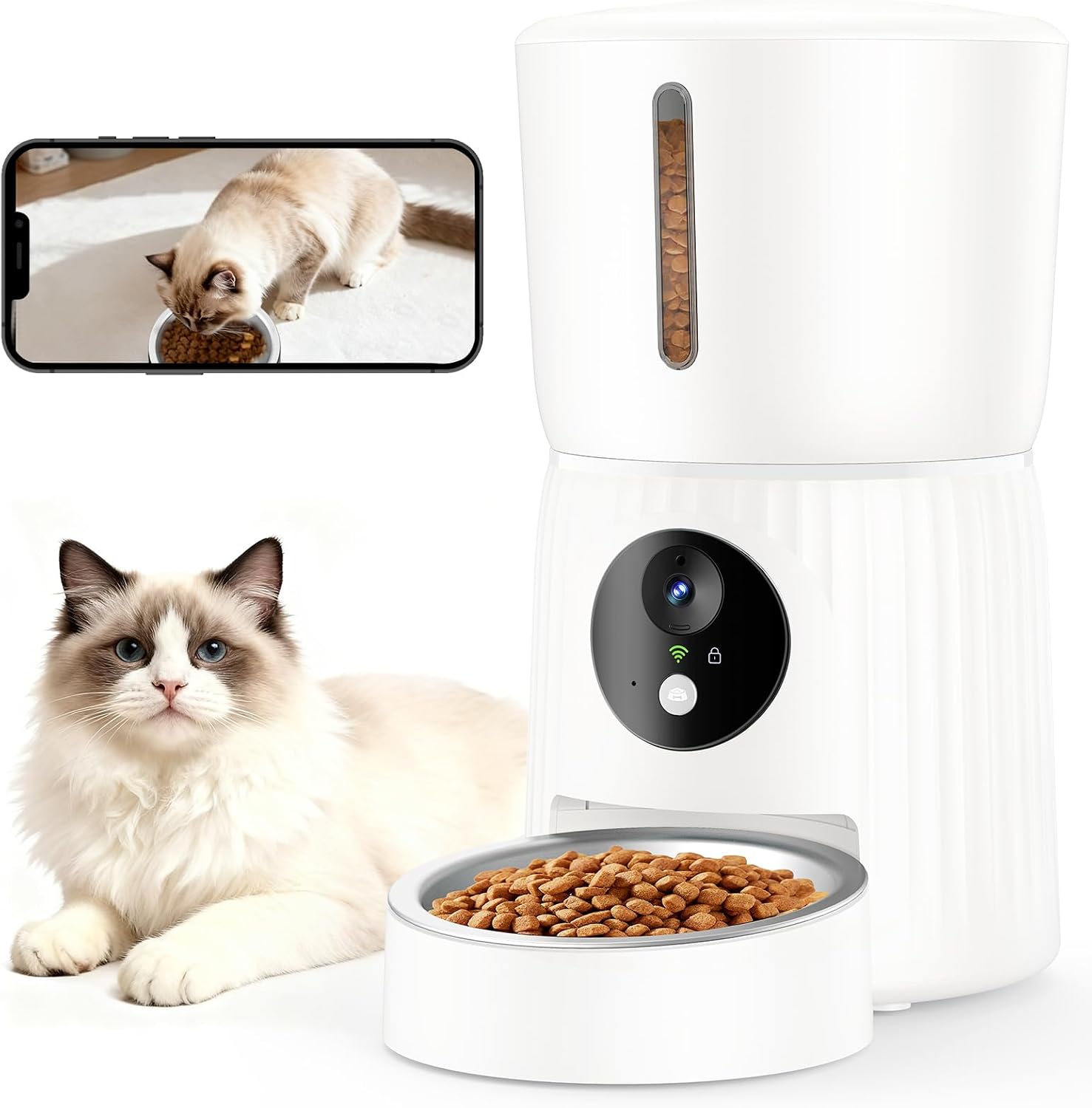 Faroro Comedero Gato Automático WiFi, 1080P HD Cámara con Visión Nocturna, 4L