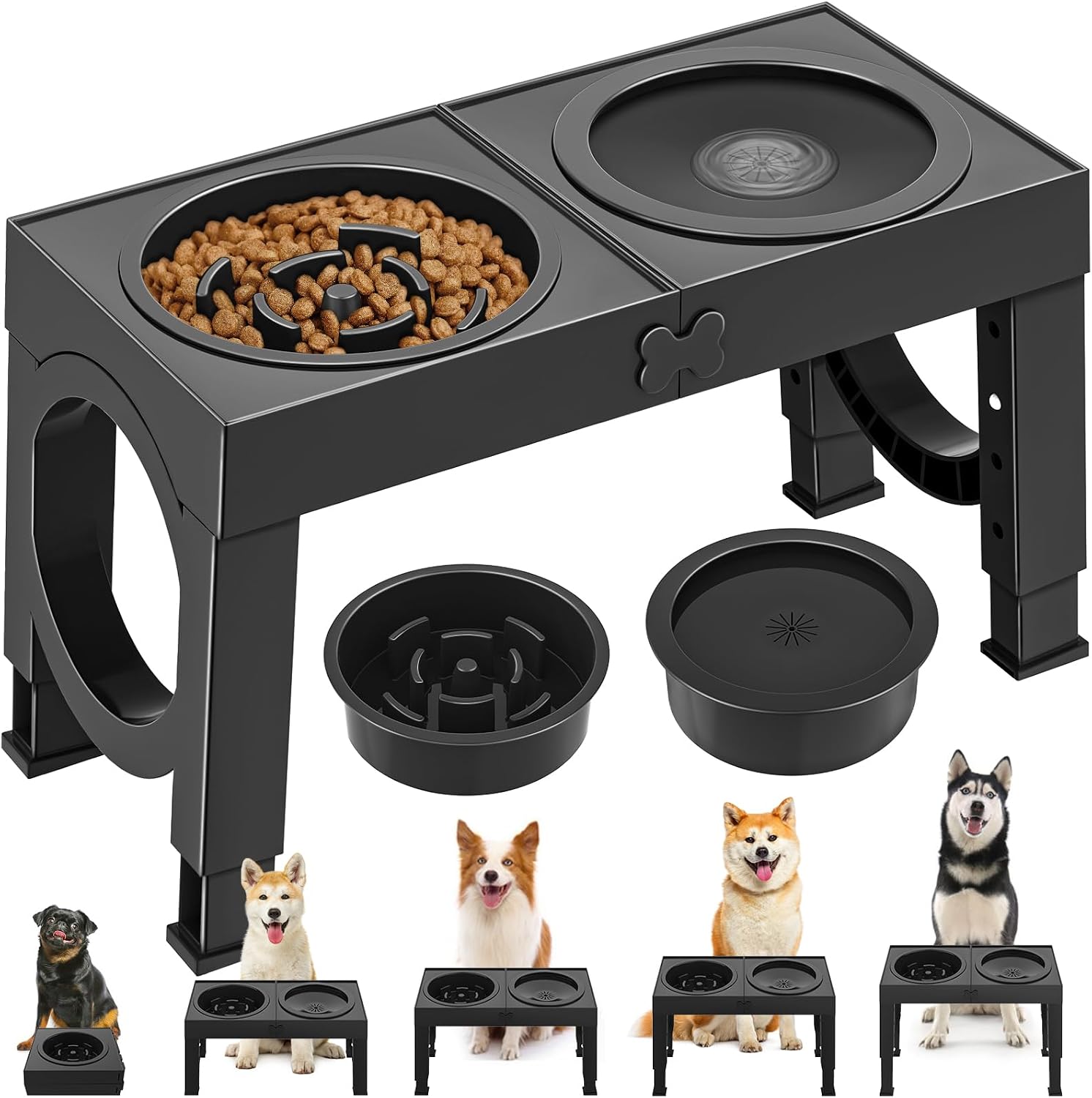 X XBEN 3-in-1 Comedero Perro Elevado de 5 Alturas Ajustables, 1,4L Bebedero