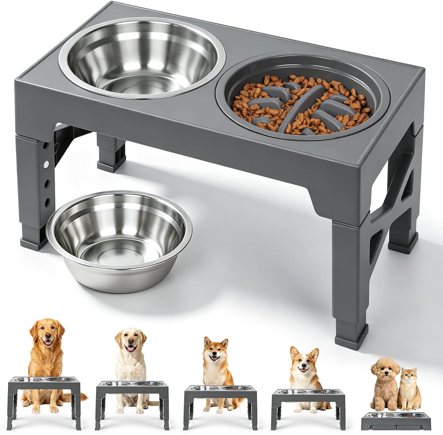 Newthinking Comedero Perro Elevado, Ajustable, 3 Cuencos, Gris – Comedero