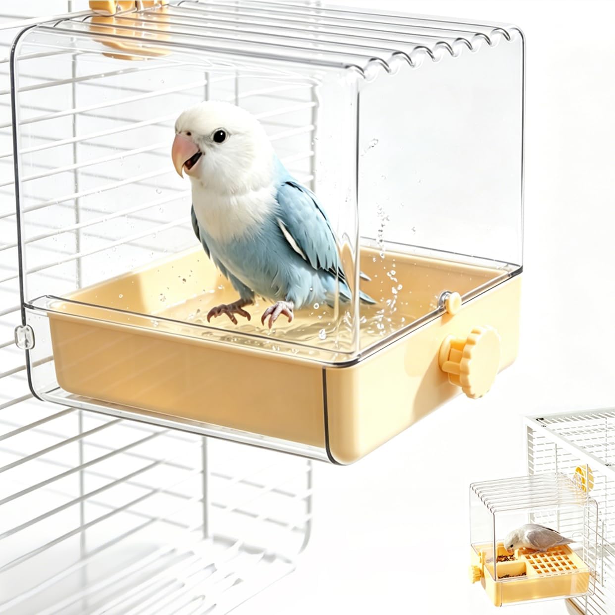 Baño para pájaros, bañera multifuncional transparente para pájaros con cajón